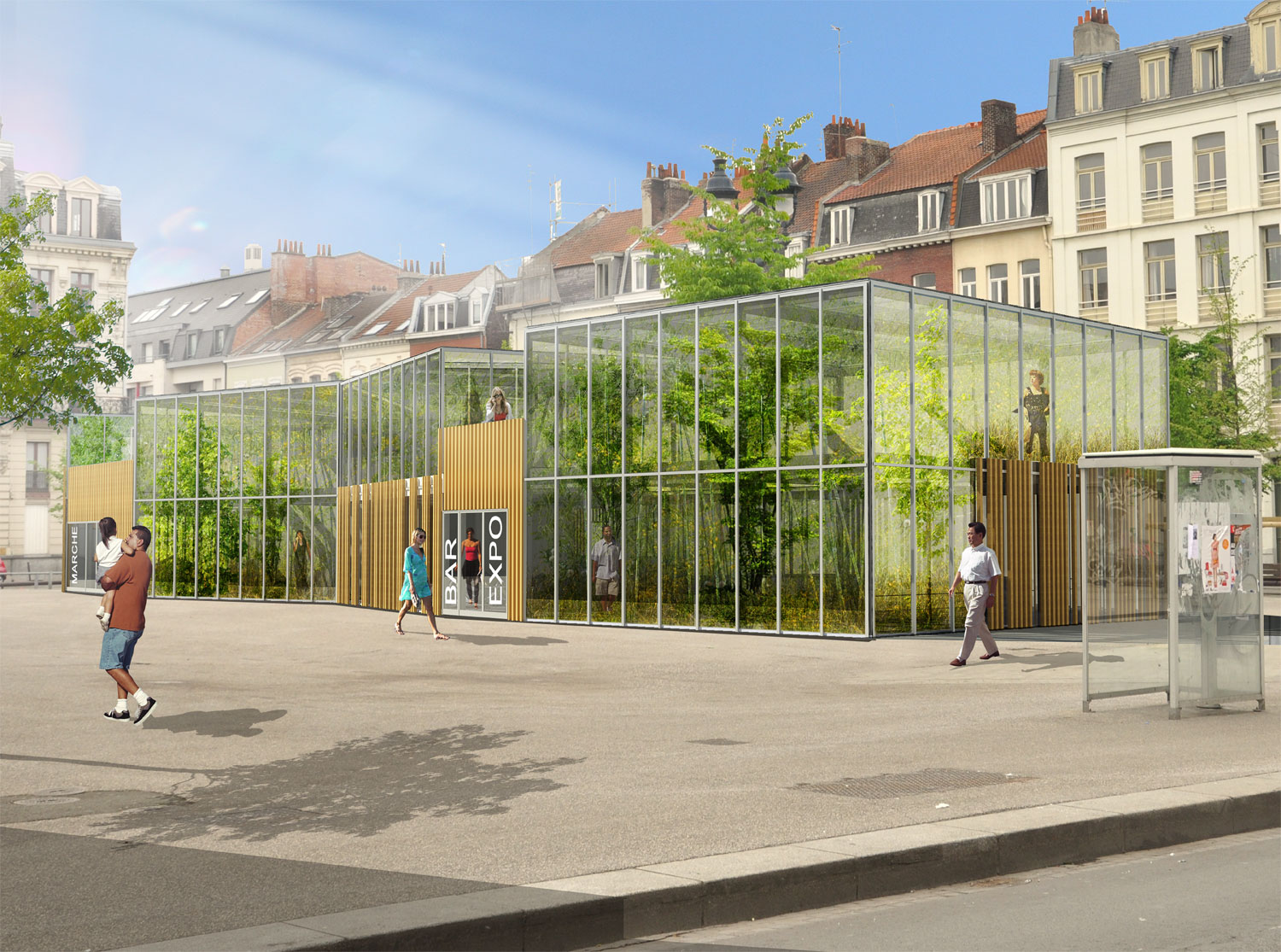 Intégration de la ferme urbaine Algeco en réemploi place Sébastopol à Lille