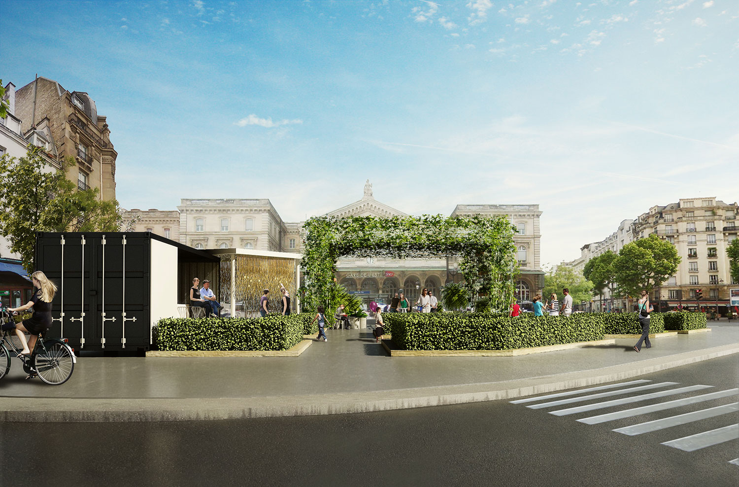 Micro brasserie recyclée à Paris avec arche végétale en échafaudage