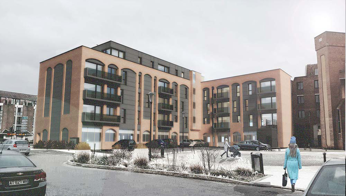 Projet de 27 logements collectifs à Villeneuve d'Ascq vu depuis l'église Notre-Dame de la Cousinerie sous la neige