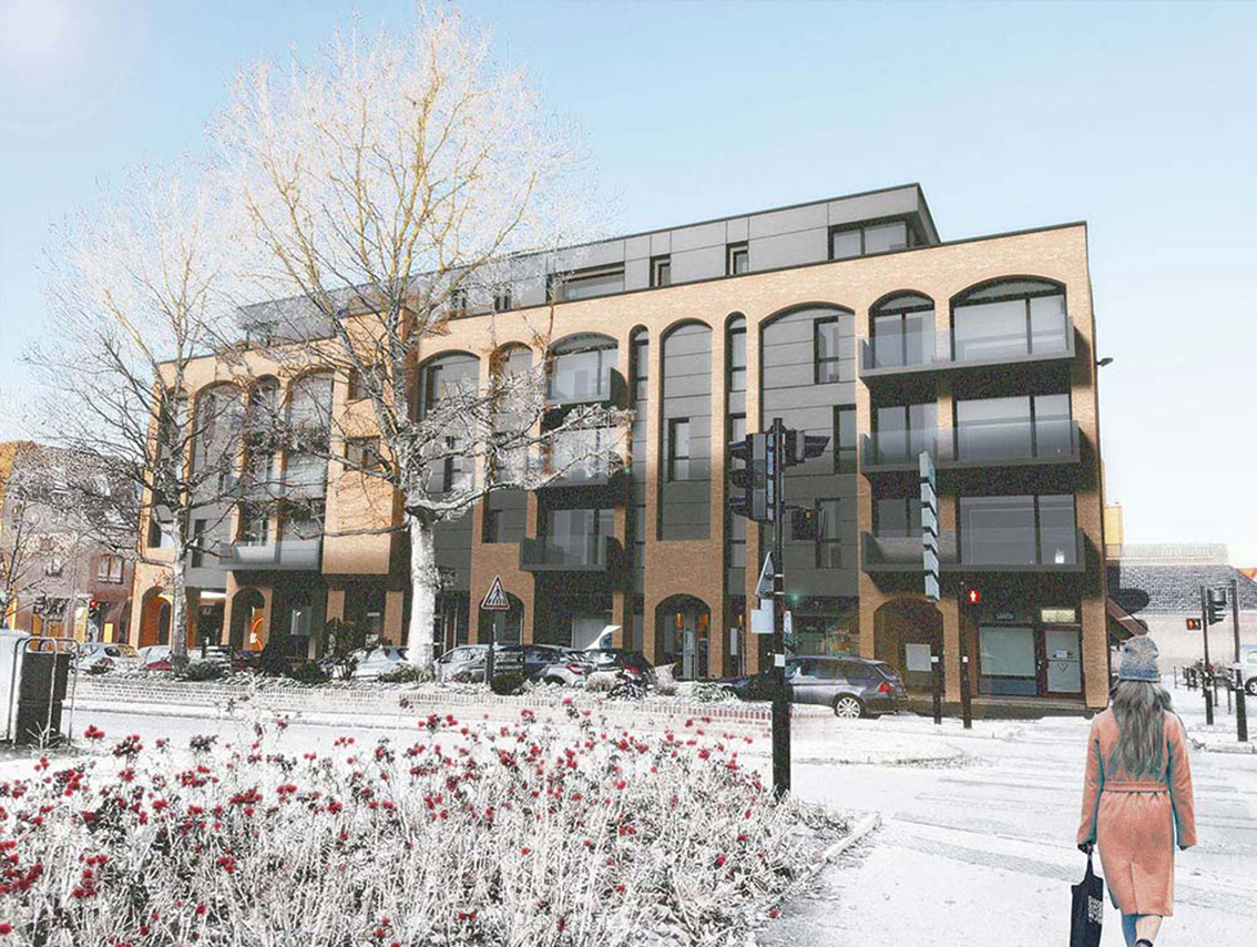 Réhabilitation de bureaux en logements à Villeneuve d'Ascq vue depuis la rue du 8 Mai 1945 sous la neige