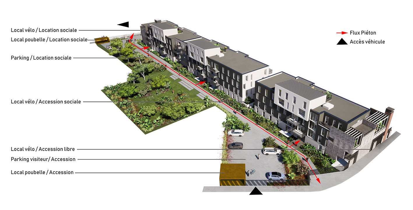 Axonométrie de la réhabilitation de l'imprimerie Guermonprez en logements à Faches-Thumesnil