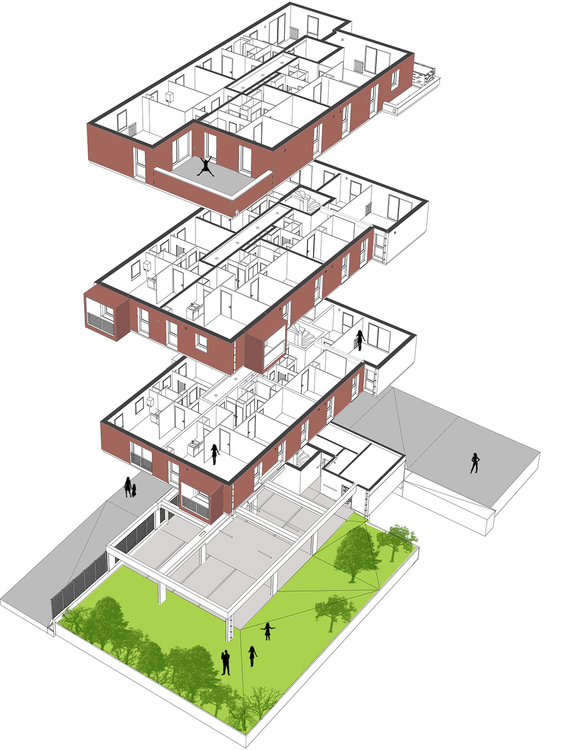 Axonométrie du projet de 11 logements collectifs à Tourcoing montrant les appartements et le jardin commun