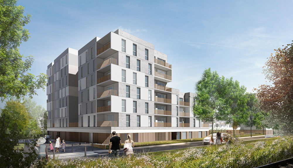 Perspective paysagère des logements collectifs à Villeneuve d'Ascq avec espaces verts