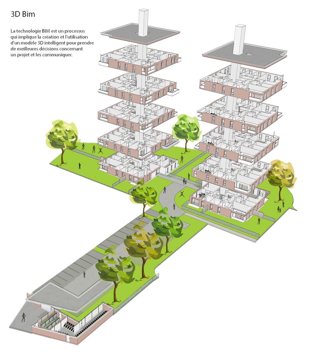Axonométrie des 40 logements collectifs à Ronchin montrant l'organisation des bâtiments et des circulations