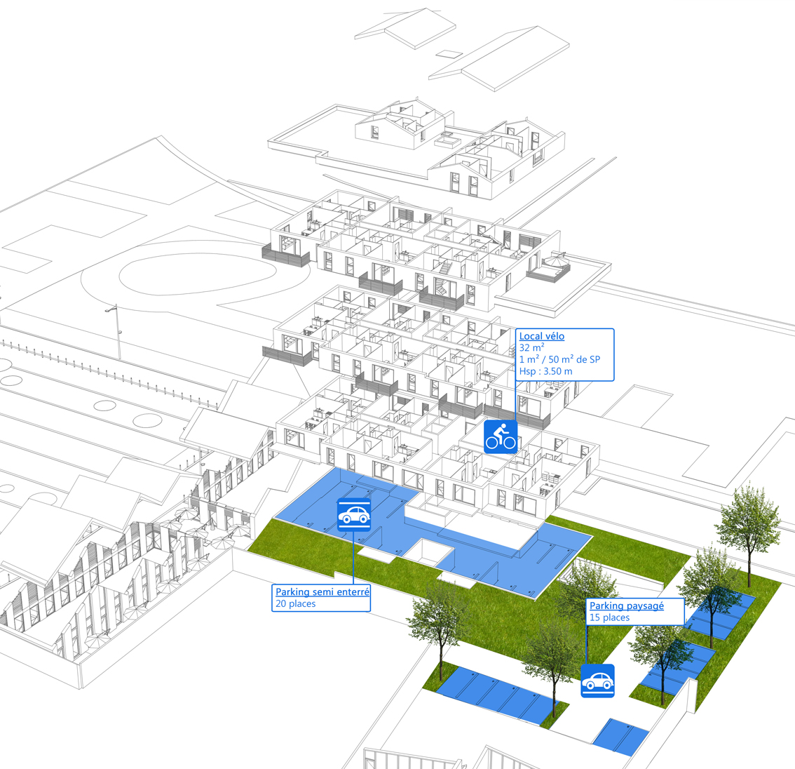 Axonométrie des 16 logements à Hem montrant les appartements et le jardin commun