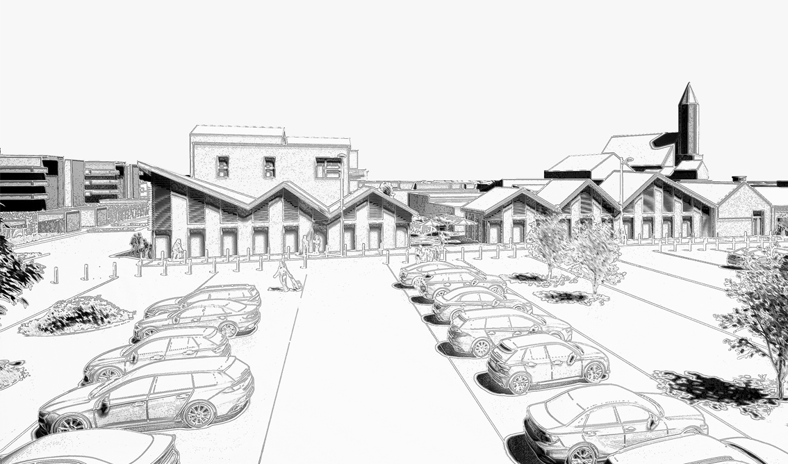 Croquis architectural du projet de 16 logements et commerces depuis la place à Hem