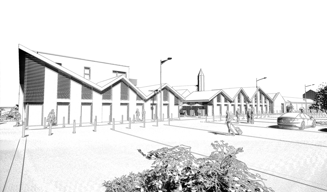 Croquis du projet de logements et commerces de proximité depuis la place à Hem