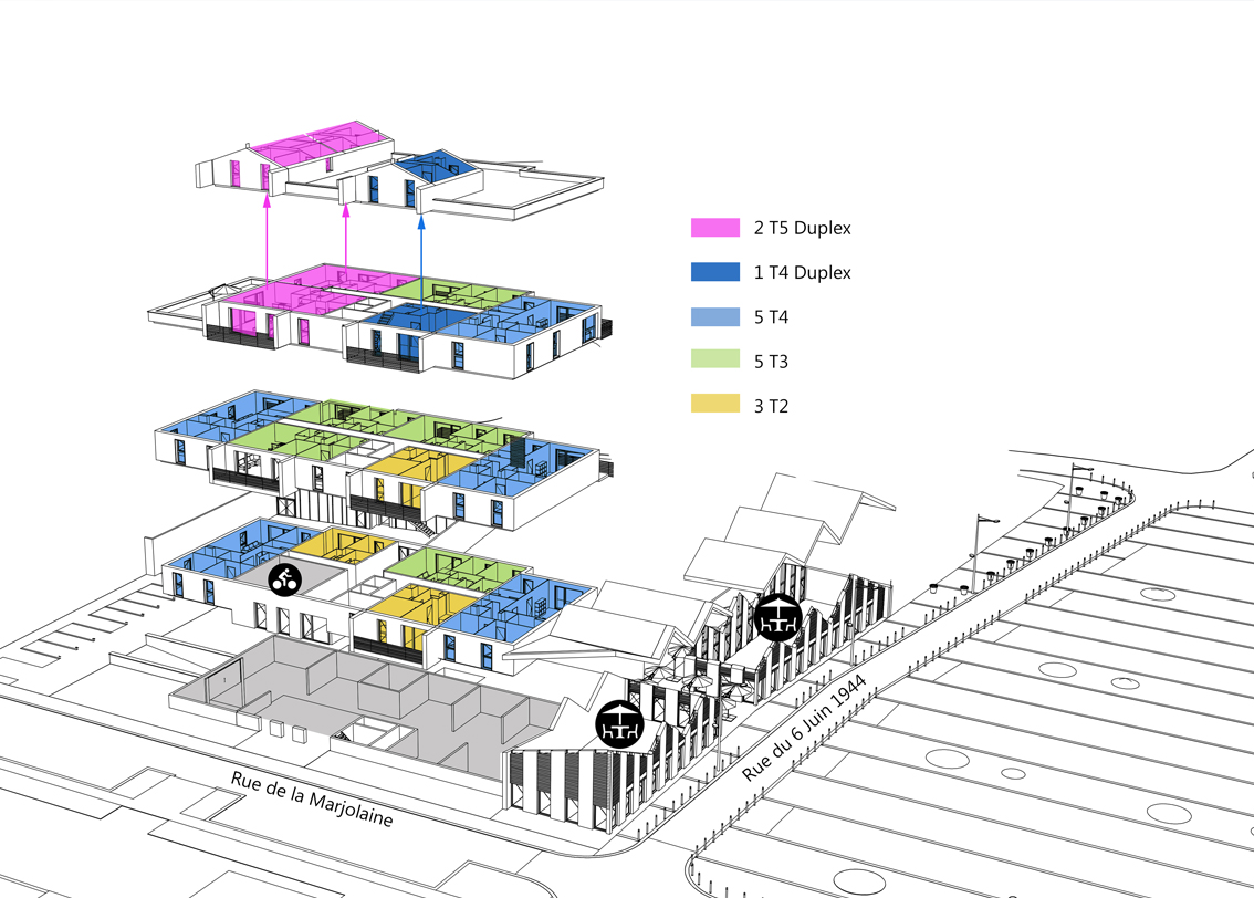 Schéma d'organisation typologique des 16 logements collectifs et commerces à Hem