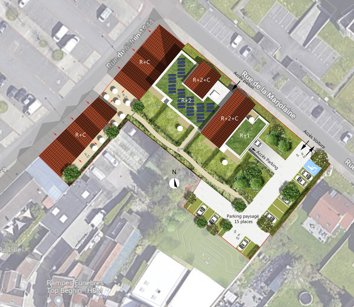 Plan masse des 16 logements et commerces de proximité à Hem avec parc urbain