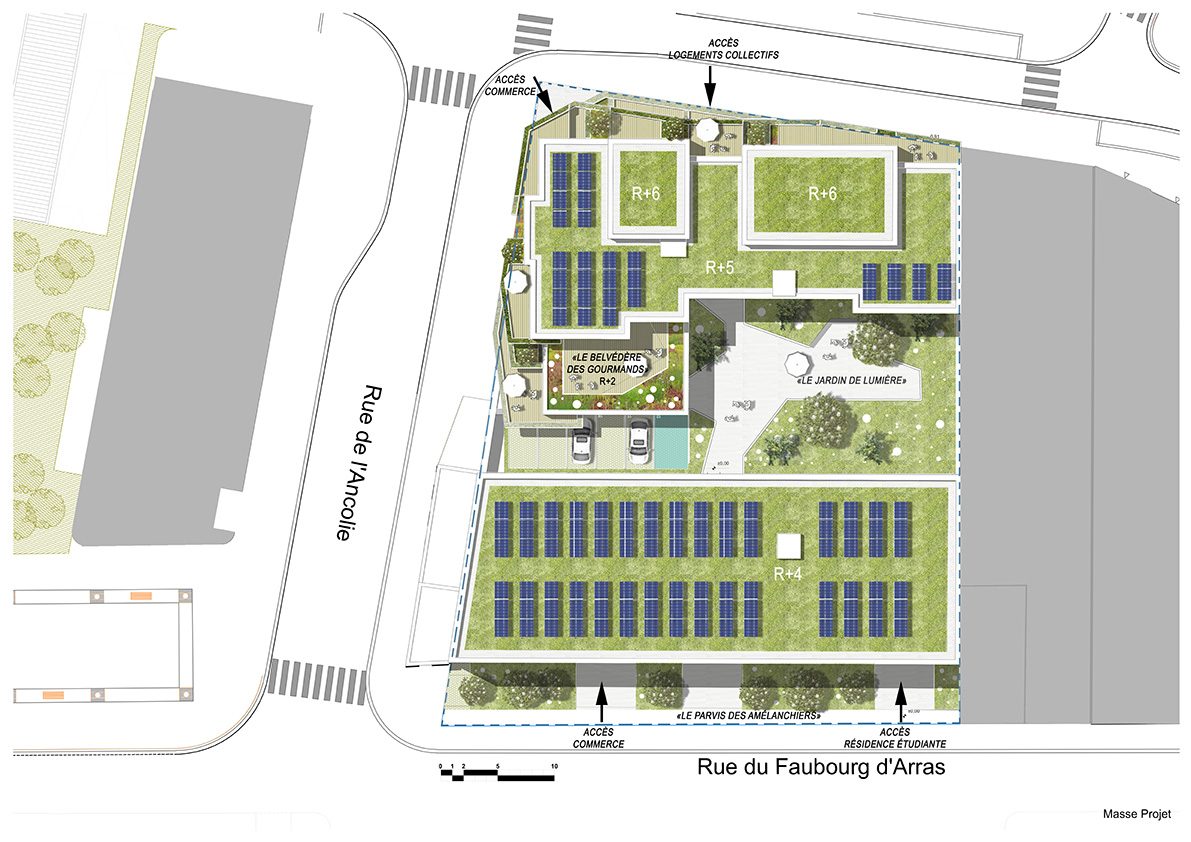 Plan masse de la réhabilitation du Nord Hotel zac Arras Europe à Lille avec matériaux bas carbone et réemploi