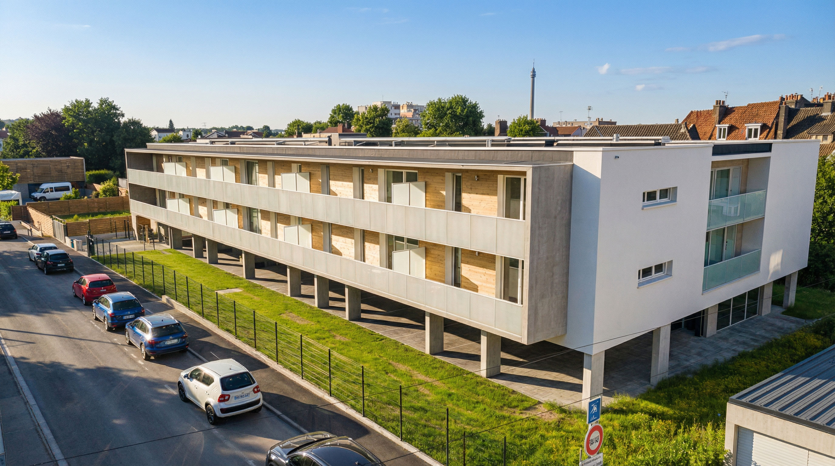 Vue extérieure des 28 logements collectifs à Dunkerque, bâtiments R+2 avec balcons continus et panneaux bois - Handouche & Bréard architectes