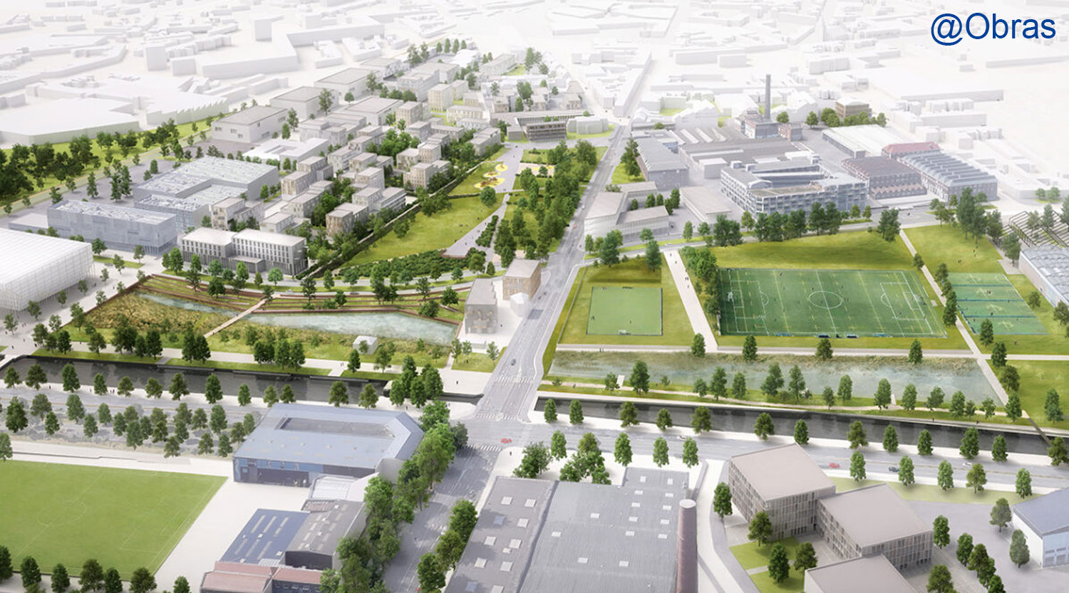 Perspective de l'aménagement urbain de la ZAC de l'Union à Tourcoing autour des 133 logements collectifs urbaniste Obras