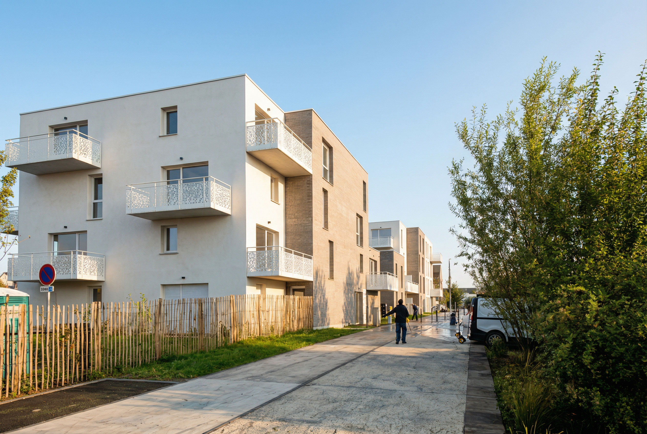 Vue de la rue de l'opération Flanelle à Wattrelos : 69 logements collectifs avec toitures végétalisées et îlot paysager central, projet de reconversion ZAC La Lainière - Handouche & Bréard architectes