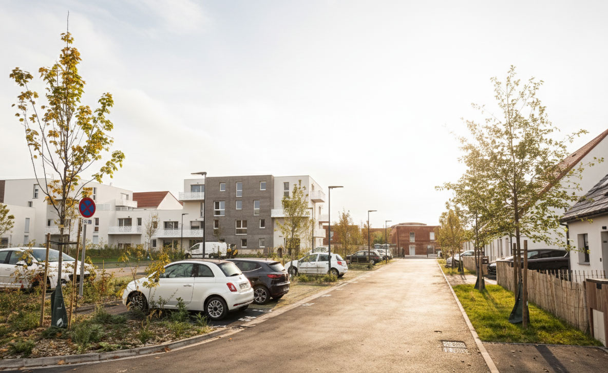 Vue de la rue intérieure Flanelle à Wattrelos : 69 logements collectifs avec toitures végétalisées et îlot paysager central, projet de reconversion ZAC La Lainière - Handouche & Bréard architectes