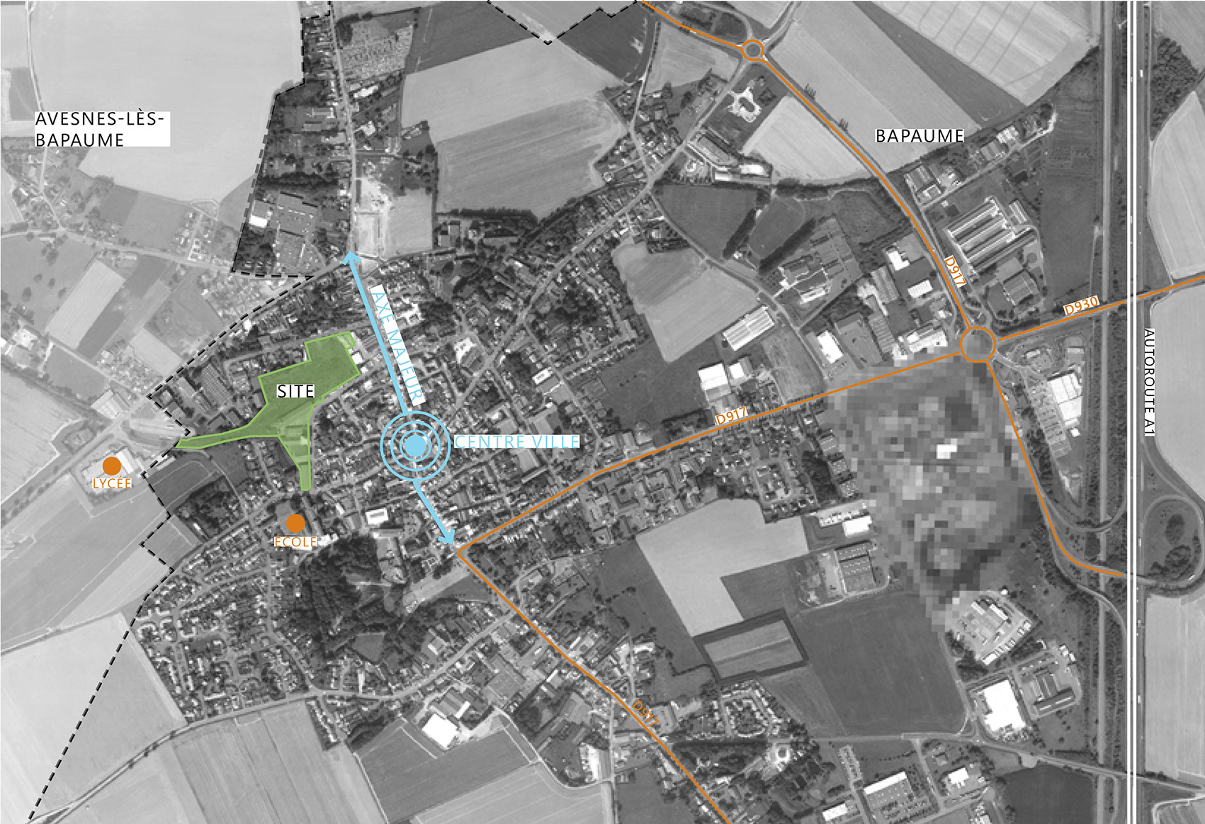 Périmètre de réflexion de l'étude urbaine de l'ancienne gare à Bapaume