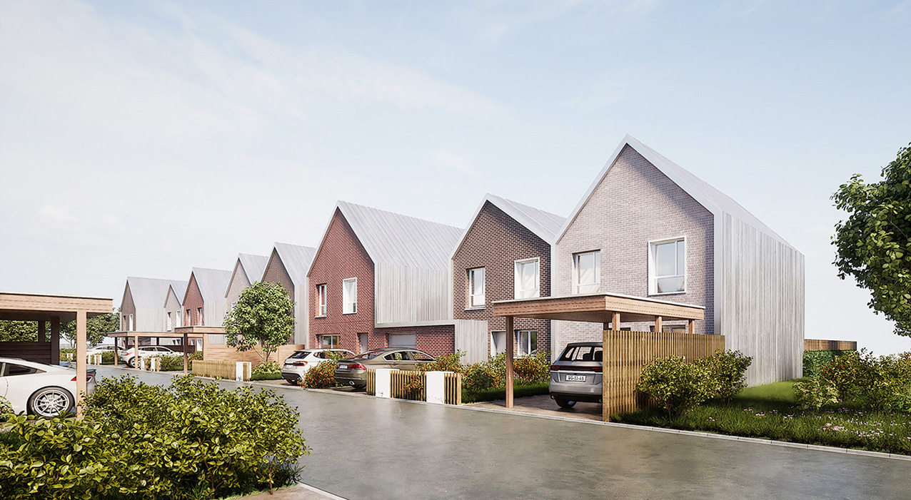 20 maisons bioclimatiques vues depuis la rue Léon Bourgeois à Dunkerque