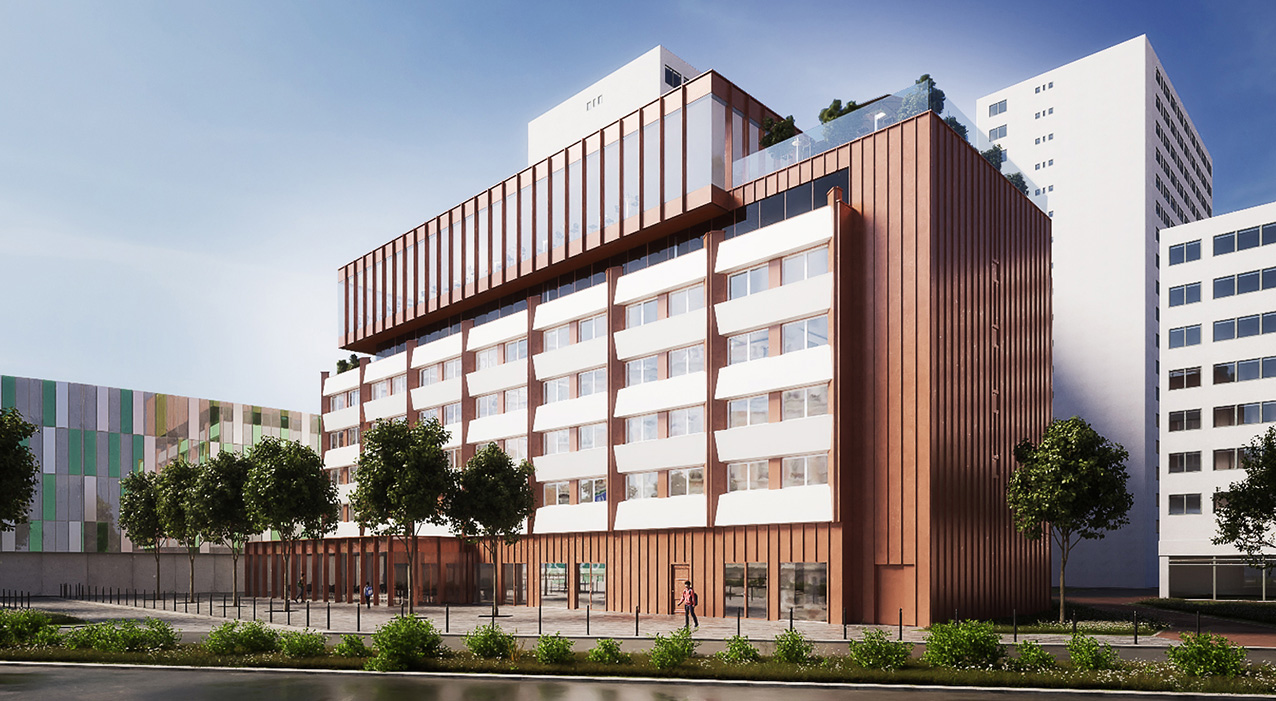 Perspective de la réhabilitation de l'hôtel IBIS à Tourcoing en résidence co-living et restaurant rooftop