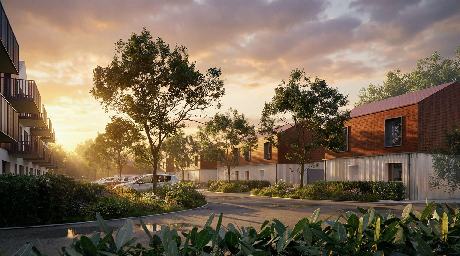 Vue extérieure du projet de maisons bioclimatiques à Petite Synthe, bardage métal et terre cuite - Handouche & Bréard architectes